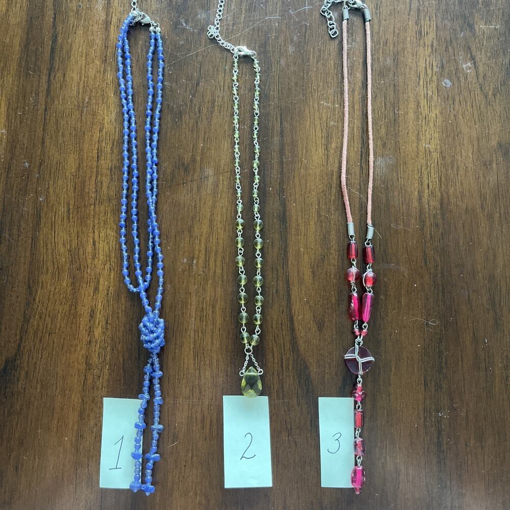 Lot Of 3 Fun Beaded Necklaces Costume Jewelry Boho 90s Green Purple Fuchsia